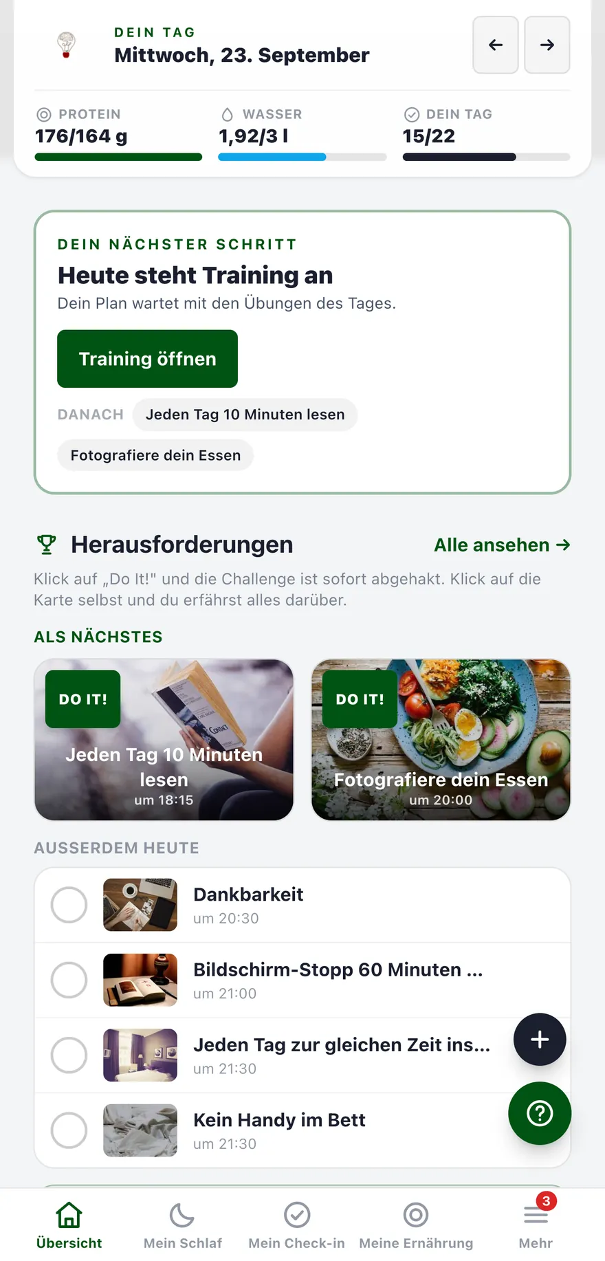 Übersicht der App mit den Challenges, die heute anstehen, und den schon geschafften